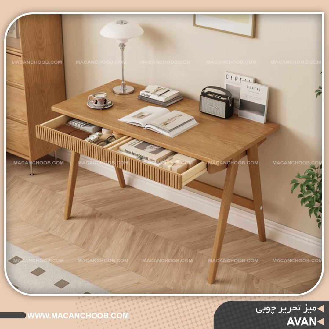 میز تحریر چوبی کشو دار بدنه نچرال درب ها شیار دار مدل AVAN